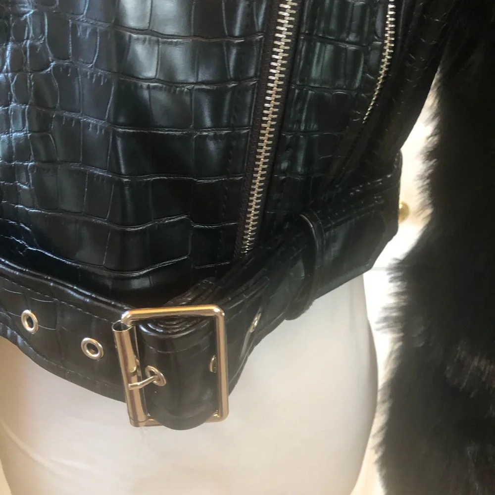 Black Croc-Embossed Faux Leather Moto Jacket with Faux Fur Sleeves
